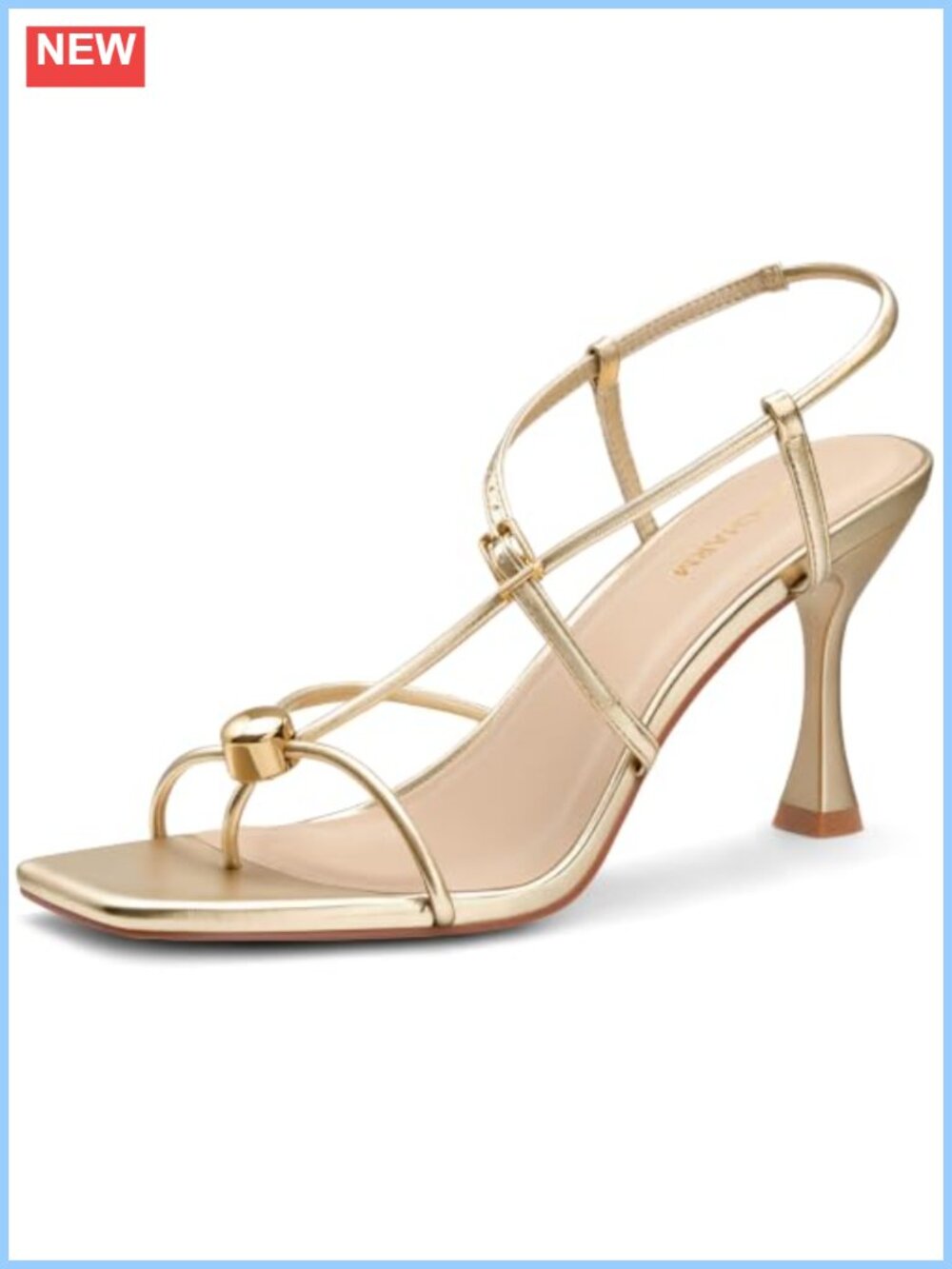 Strappy Heeled Sandals Square Open Toe Thong with Gold Sphere Accent